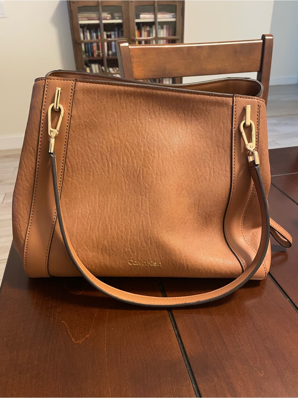 Calvin Klein Cognac Leather Shoulder Bag with Gold Hardware